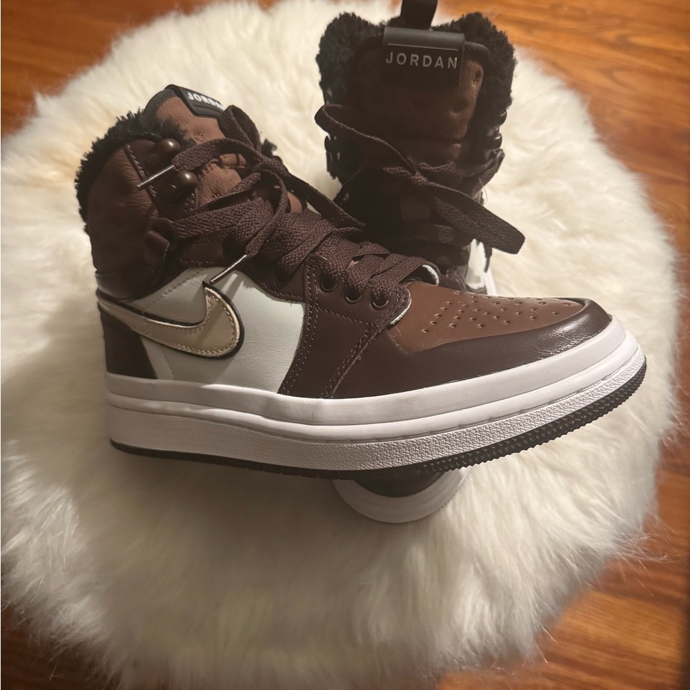 Air Jordan High-Tops in Chocolate Brown and White with Ecru Accents